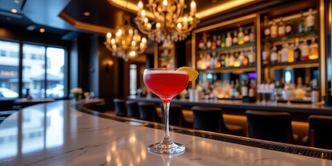 A luxurious cocktail lounge representing the pinnacle of the beverage industry with award winning mixology, elegant class, artistic creation, cinematic lighting, and bold marketing aesthetics