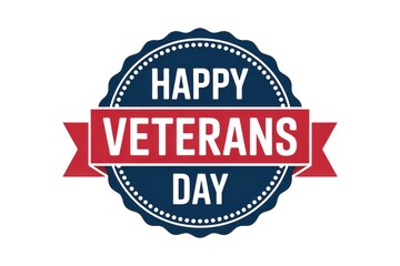 Happy veterans day emblem with red banner and blue scalloped circle on a white background