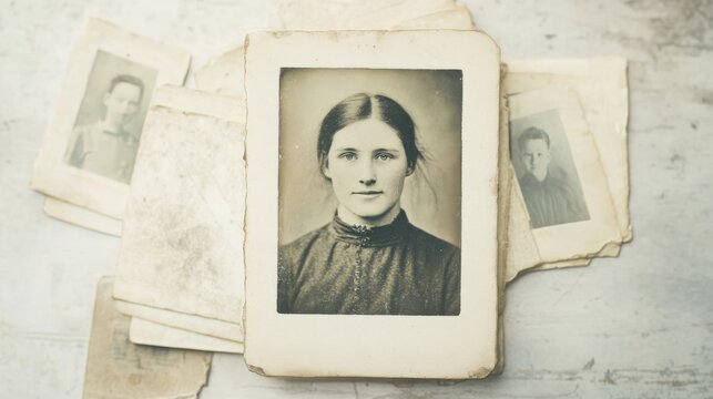 Historic black and white portrait of a woman surrounded by old photographs on a wooden surface