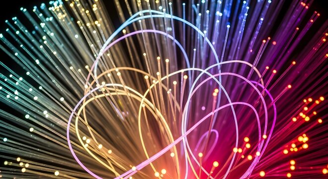 Mesmerizing abstract display of colorful glowing optical fibers, illustrating the intricate network of high-speed data transmission and the future of digital communication technology