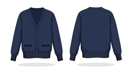 Elegant navy cardigan displayed in front and back views offering garment design and fashion concept illustration for fashion industry design templates