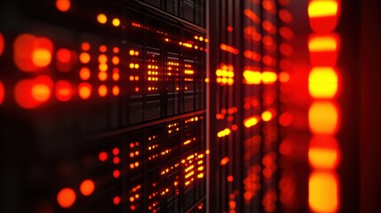 Obraz premium Data center with red lights illuminating server racks during nighttime operation