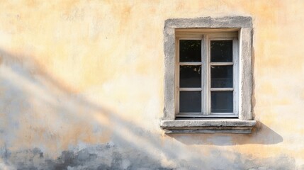 Sunny wall with rustic window in a quiet outdoor setting showcasing light and shadow play during the afternoon