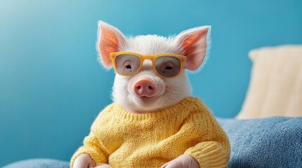 Cute Pig in Bright Yellow Sweater and Glasses Relaxing in Cozy Indoor Setting