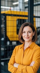 Fototapeta premium Confident woman in yellow shirt poses in modern industrial workspace with machinery in the background
