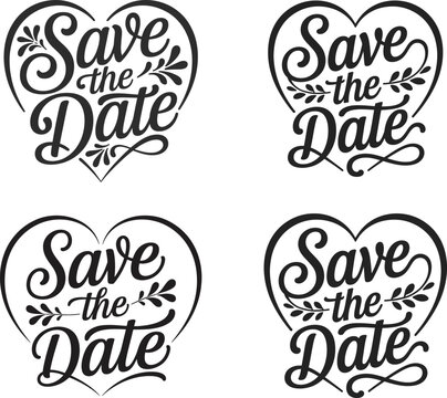 Four heart shaped save the date calligraphy designs with floral accents