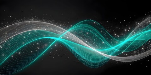 Abstract flowing waves of light and particles on a dark background.