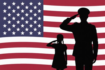Silhouette of soldier and child saluting before the american flag with red and white stripes