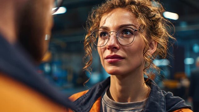 Intense Dialogue: A focused woman, adorned with eyeglasses, engaging in a compelling discussion, highlighting communication. 