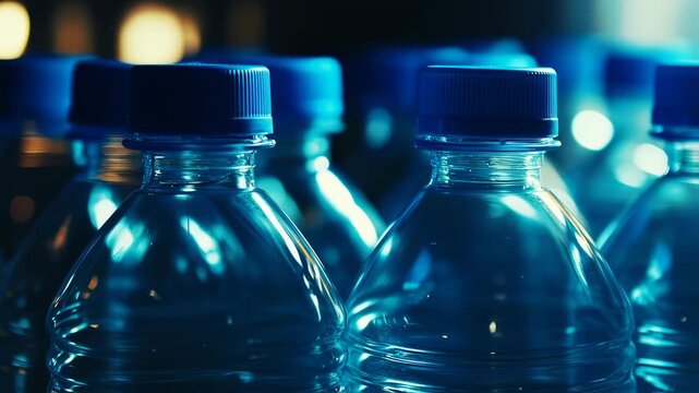 Cinematic Rows of Blue Capped Plastic Water Bottles Displaying Resource Availability