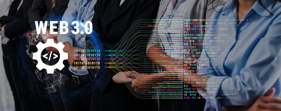 This image captures the essence of Web 3.0, featuring business professionals in formal attire with digital graphics symbolizing innovation and data transformation. Trope