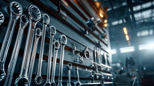 Workshop Toolkit: An organized array of gleaming wrenches hangs in a workshop, symbolizing precision, craftsmanship, and the power of mechanics. 