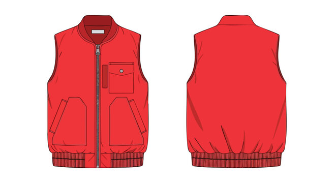 Detailed front and back views of a vibrant red puffer vest showcasing garment features and design elements for fashion reference