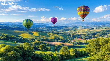 Naklejka premium Colorful Hot Air Balloons Floating Above Lush Green Hills Under Clear Blue Sky and Fluffy White Clouds