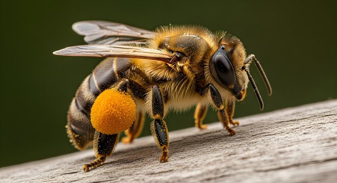 Macro close-up of a honeybee with pollen baskets, showcasing the beauty of nature and pollination.