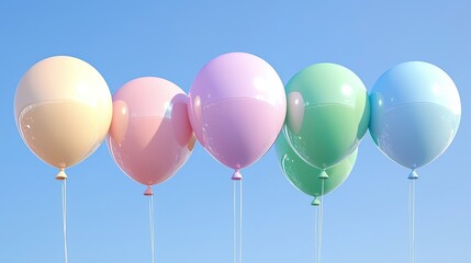 Colorful pastel balloons floating in a clear blue sky, representing celebration, joy, and happiness for special events