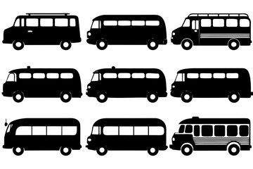 set of Bus and Van Silhouette vector illustration Isolated on White Background