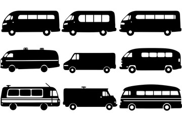 set of Bus and Van Silhouette vector illustration Isolated on White Background