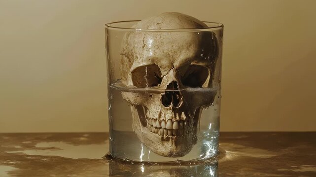 Conceptual still life of a skull submerged in a glass of water, explores mortality and transience