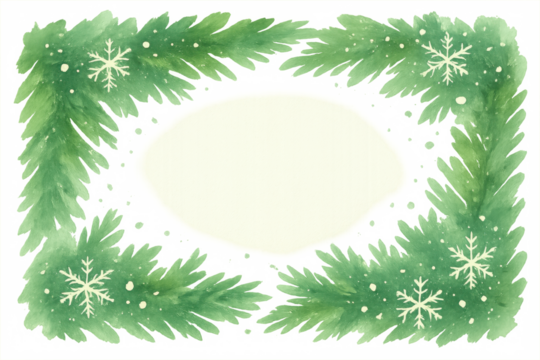 Watercolor pine branches framing a glowing oval shape with snowflakes, winter holiday design on transparent background - Powered by Adobe