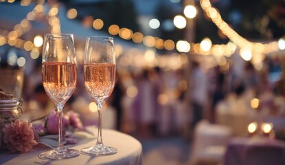 Celebratory event with two glasses of sparkling wine on a decorated outdoor table at night