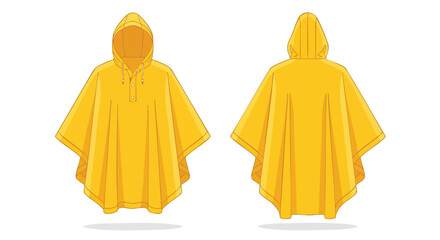 Illustrative Front and Back Views of a Vibrant Yellow Rain Poncho with Hood Protection against Unforeseen Weather Conditions for Outdoor Enthusiasts