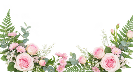 Pink Roses Greenery Floral Border On Black Background