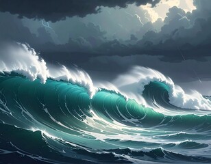 Powerful waves crash against a turbulent ocean under a stormy sky