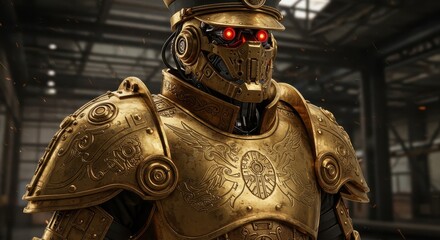 Ornate golden robotic automaton stands ready in an industrial setting