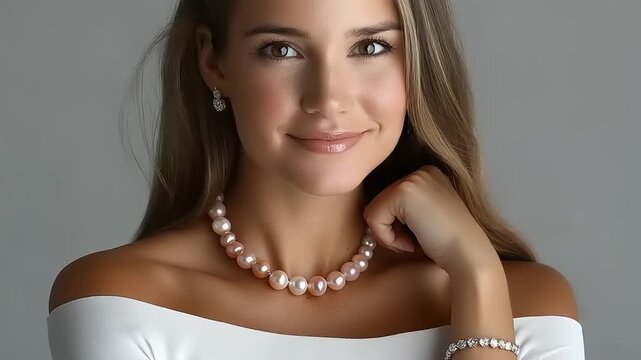 Elegant woman with natural colored pearl necklace and diamond bracelet