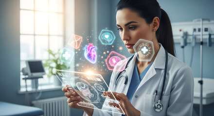 Female doctor analyzing holographic medical data on futuristic transparent tablet in modern clinic
