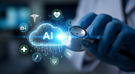 AI in Healthcare Innovation: Doctor with stethoscope, glowing AI cloud, and medical icons. Digital health technology for future medicine.