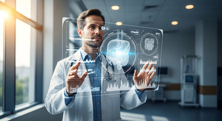 Doctor Interacting with Advanced Holographic Medical Data Display for Diagnosis and Analysis