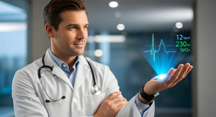 Male doctor displaying futuristic holographic vital signs on his hand. Modern medical technology and digital health concept.