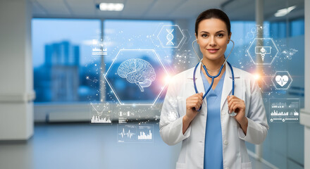 Professional Female Doctor with Digital Medical Interface in Hospital. Healthcare Technology & Innovation.