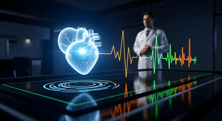 Doctor analyzing holographic human heart and ECG data on futuristic medical display