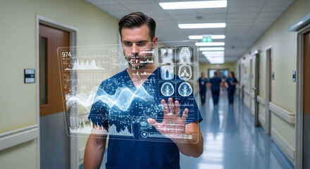 Healthcare professional using futuristic holographic interface for medical data analysis in hospital