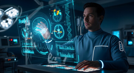 Futuristic Doctor Analyzing Medical Data on Holographic Interface in High-Tech Lab. Advanced Healthcare Technology