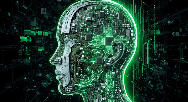 Digital Brain: AI Human Head Profile with Glowing Green Circuitry - Artificial Intelligence Concept - Powered by Adobe