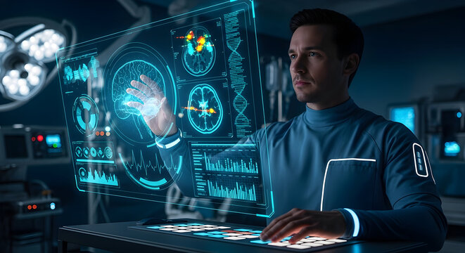 Futuristic Doctor Analyzing Medical Data on Holographic Interface in High-Tech Lab. Advanced Healthcare Technology
