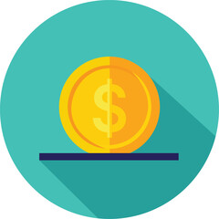 Flat design golden coin with dollar symbol on teal background money currency