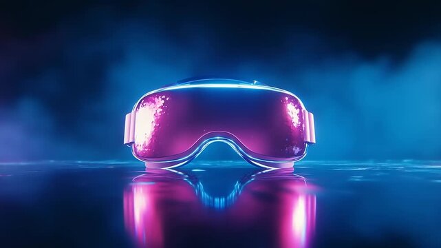 Immersive digital reality headset glowing with neon light on wet surface