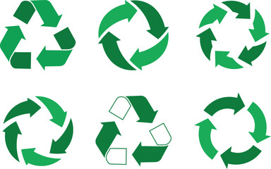 Six green recycling symbols in a grid on white background green arrows circular arrows