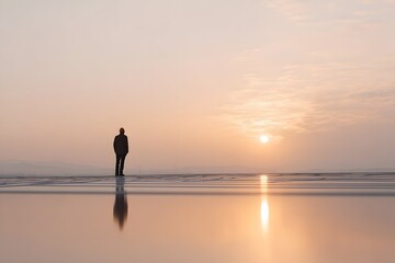 Solitary Figure at Golden Hour Reflection