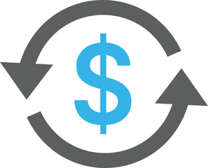Blue dollar sign inside grey circular arrows on white background money finance