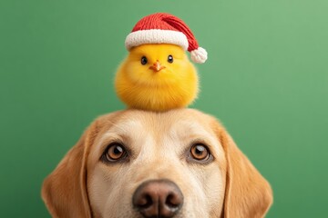 dog with chick wearing santa hat