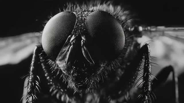 Extreme  monochrome portrait of insect head featuring compound eye detail