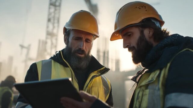 Construction Consultation: A duo of construction workers, immersed in a collaborative review of project schematics on a digital tablet.