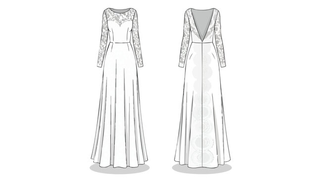 Elegant full-sleeve wedding gown technical drawing showcasing front and back design details for bridal fashion illustration