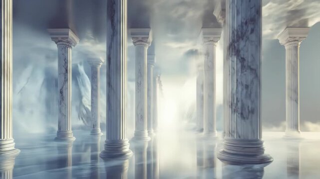 Ancient columns in a luminous interior with atmospheric effects